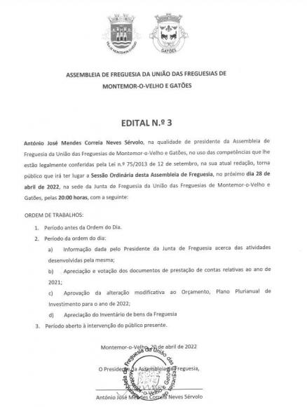Sessão Ordinária Da Assembleia Freguesia - 28 Abril 2022