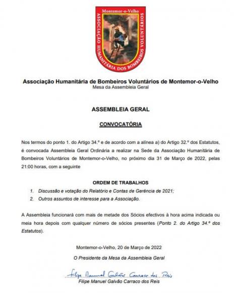 Convocatória Assembleia Geral Bombeiros De Montemor-O-Velho